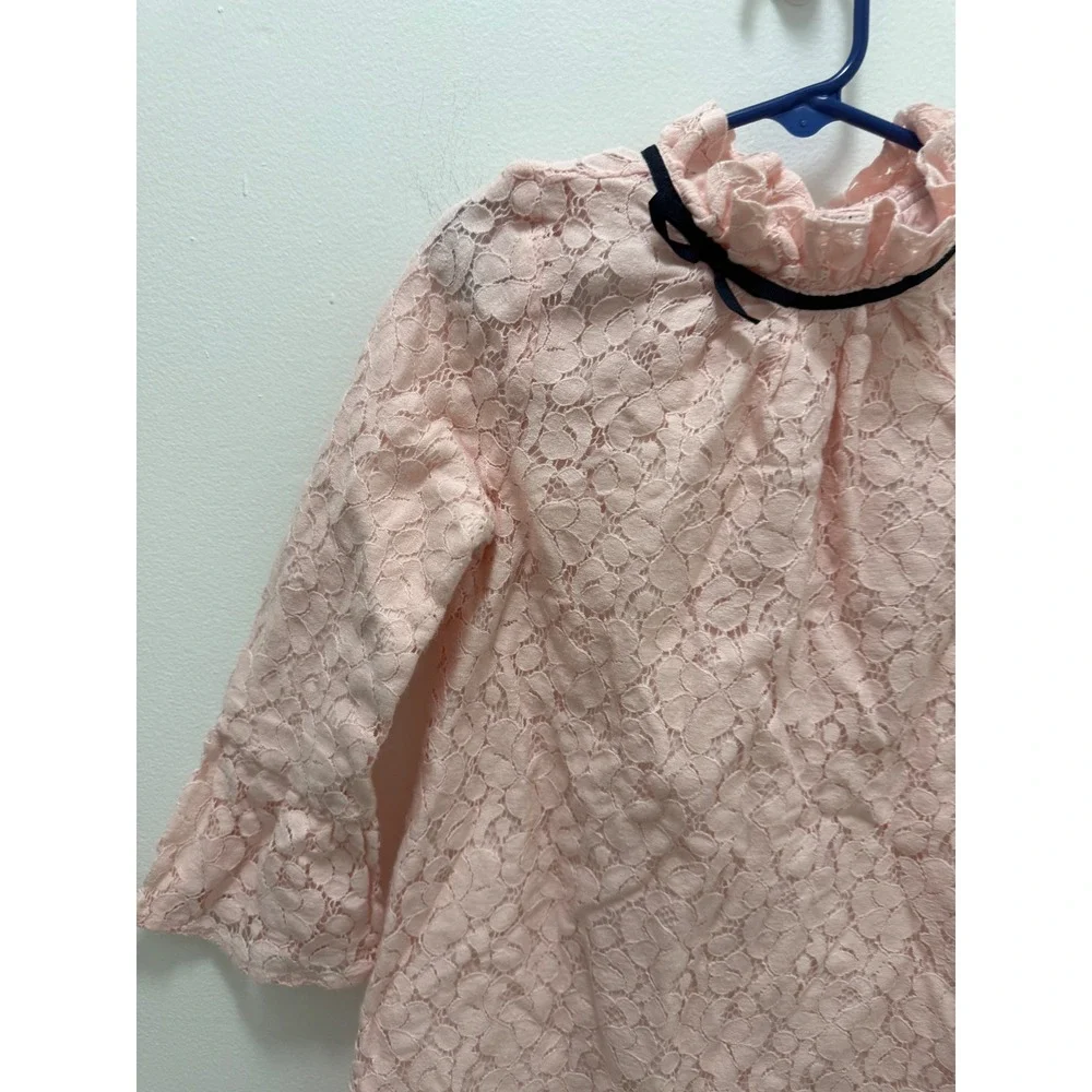 Janie and Jack Girls Pink Floral Lace Ruffle Neck Dress Navy Bow Size 6